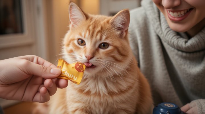 Cat enjoying Churu treat during training session