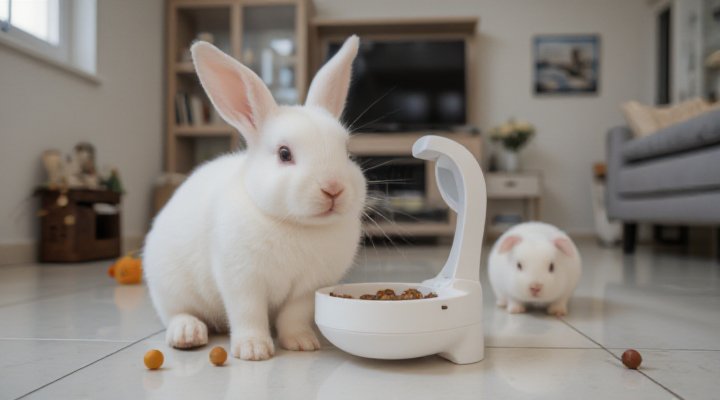A rabbit being trained with an automatic feeder for behavior conditioning