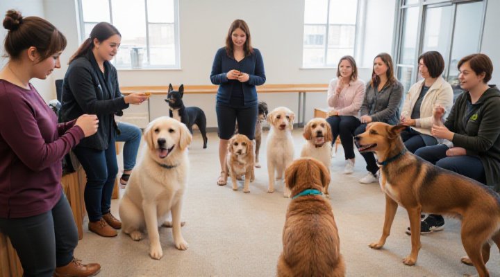 Multiple dogs and owners engaged in positive reinforcement group training