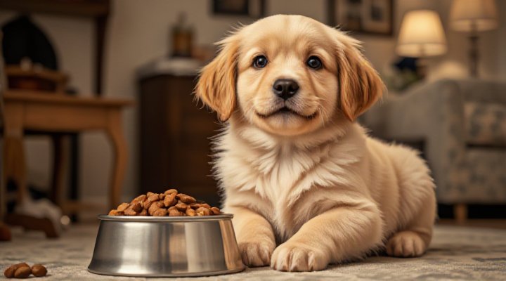 A cute dog happily eating Purina HA Dog Food from a bowl during training