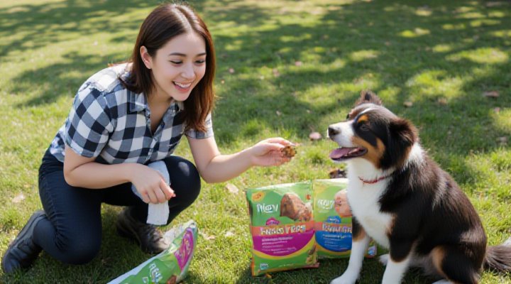 Smiling female dog owner using Maev Dog Food as training reward during obedience session