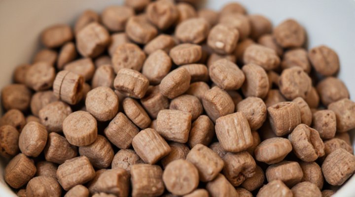 Detailed view of nutritious kibble for large breed puppies, emphasizing balanced ingredients