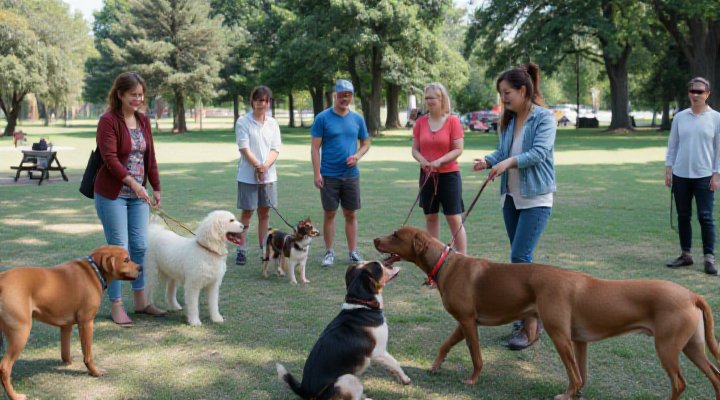A diverse group of dogs and owners participating in a fun, interactive training class in a park
