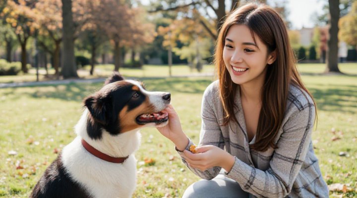 A smiling owner giving a healthy treat to their attentive border collie during an outdoor training session