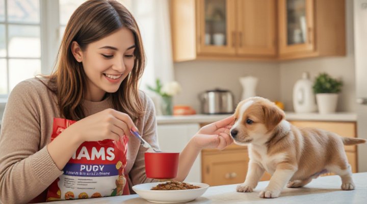 A caring pet owner using a measuring cup to portion Iams puppy food for their dog