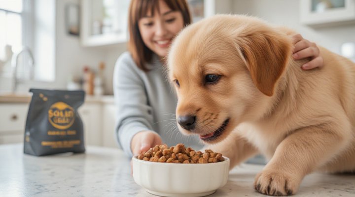 A cute golden retriever enjoying a meal of Solid Gold dog food, showcasing the brand
