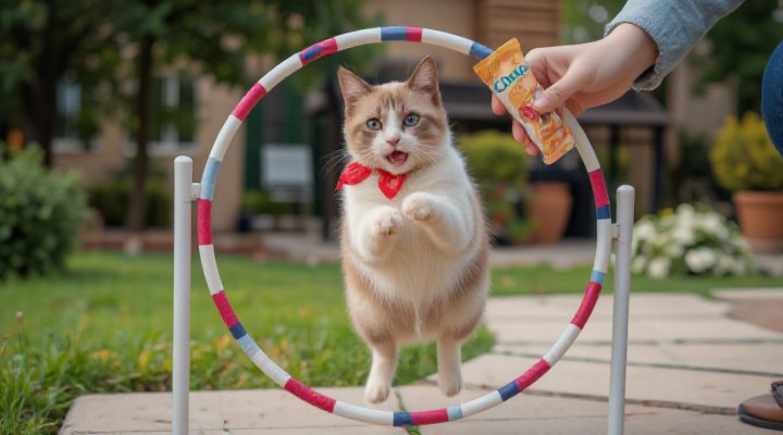 Happy cat jumping through a hoop in an agility course, rewarded with Churu treat