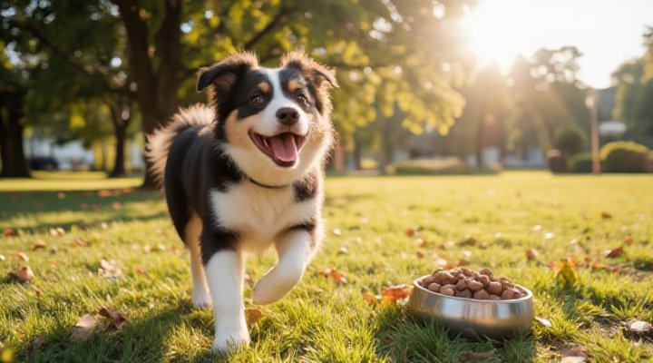 An energetic dog enjoying low fat dog food during outdoor activity