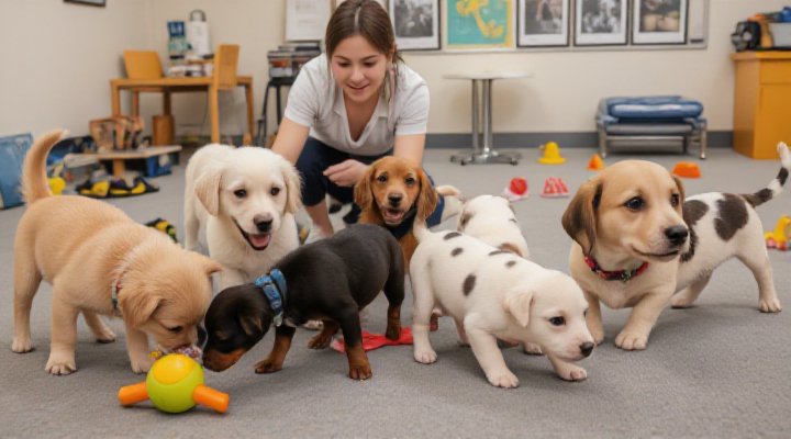 A group of playful puppies learning social skills in a supervised class, perfect for early training in dog training classes near me