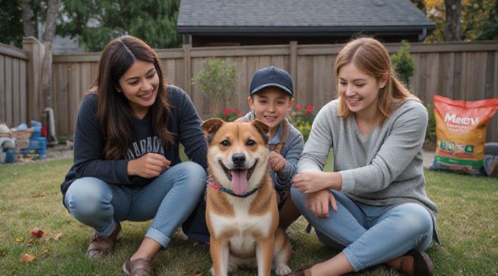 Happy family including children training their dog who thrives on Maev Dog Food nutrition
