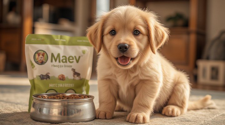 A cheerful dog enjoying Maev dog food during mealtime