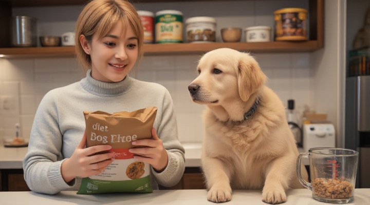 Owner and dog evaluating diet dog food ingredients together