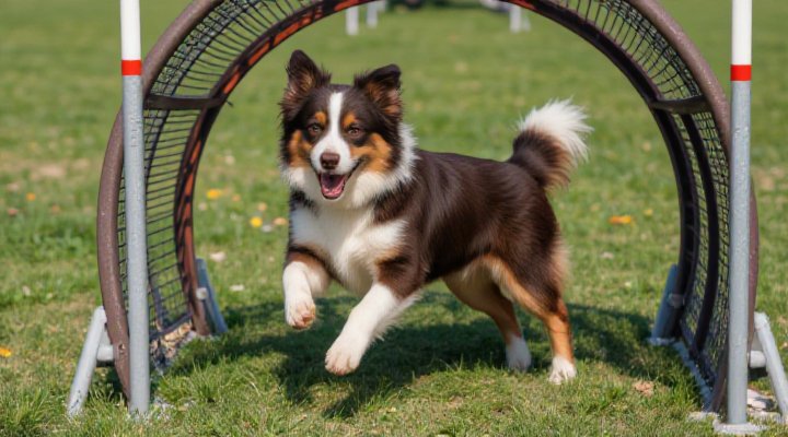 Energetic Australian shepherd successfully completing agility course after consistent Maev Dog Food nutrition