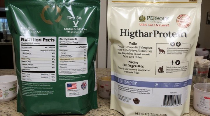 Close-up comparison of nutritional information on different dog food packages for training rewards