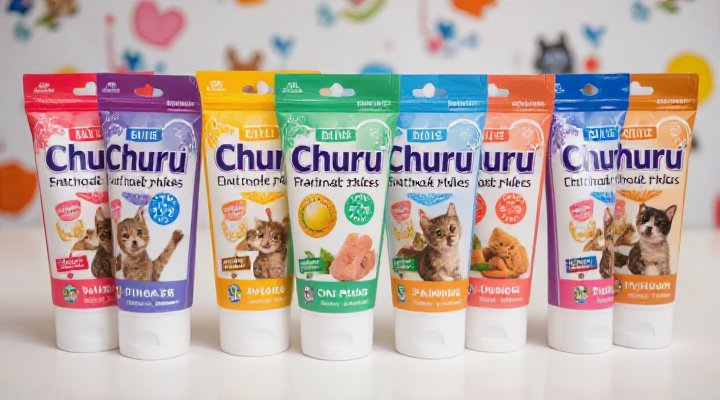 Assortment of Churu cat treat flavors in colorful packaging for diverse training rewards