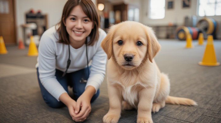 A cute golden retriever puppy sitting attentively with a smiling trainer in a bright, clean training room, showcasing local dog training classes near me
