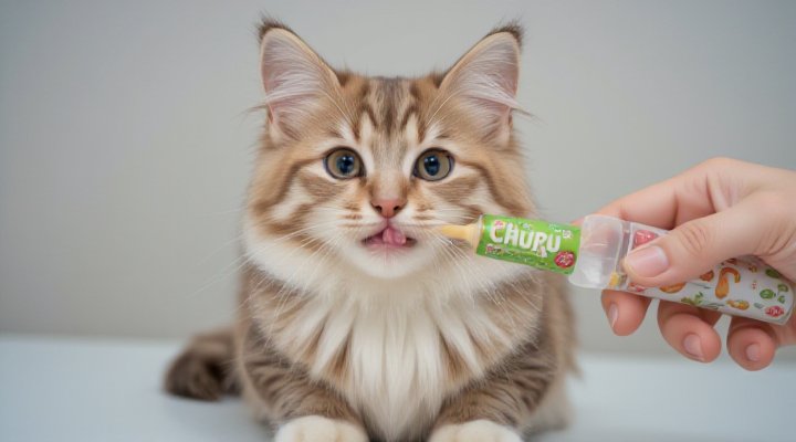 Adorable tabby cat happily enjoying Churu treat during training session