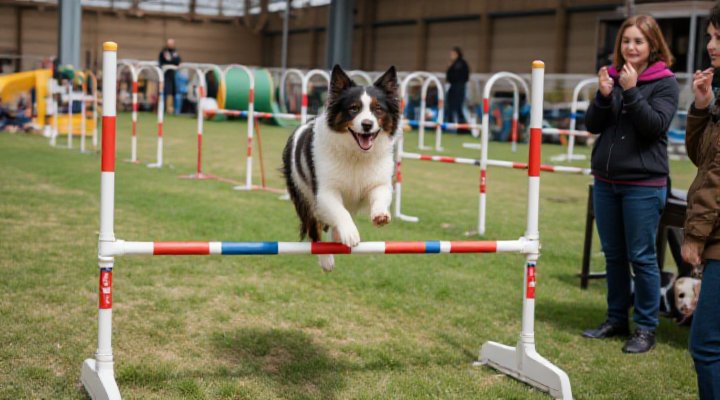 An energetic dog navigating an agility course with jumps and tunnels, showing advanced skill-building in dog training classes near me