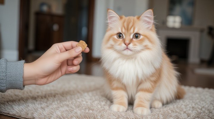 A cat successfully sitting on command while receiving a treat as a reward