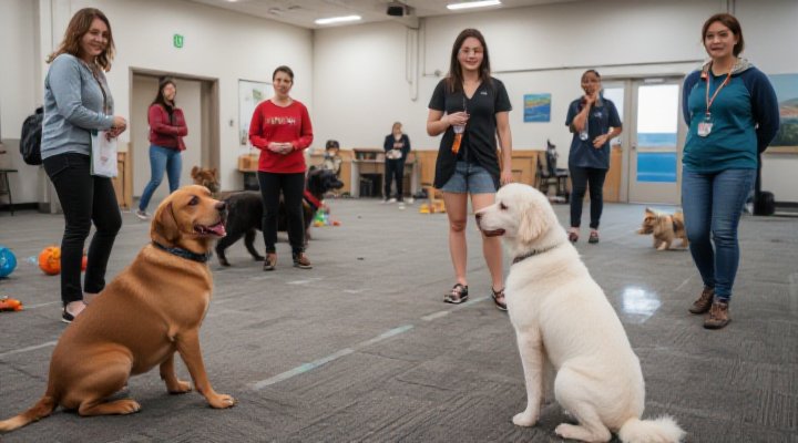 A diverse group of dogs including a Labrador, a poodle, and a mixed breed participating in a fun group training class, highlighting the benefits of local dog training classes near me