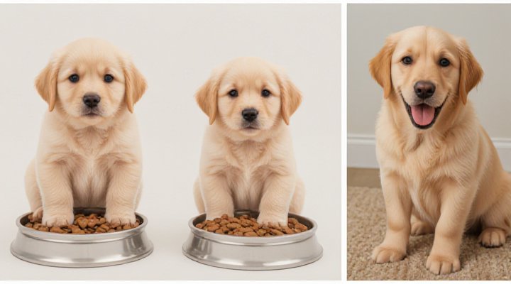 Progression of a Golden Retriever puppy from young to adult, showing growth supported by proper nutrition