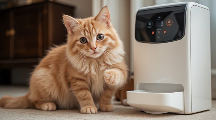 A small cat using an automatic feeder during training