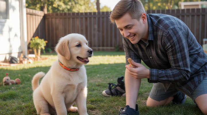 Owner using positive reinforcement for dog training skills