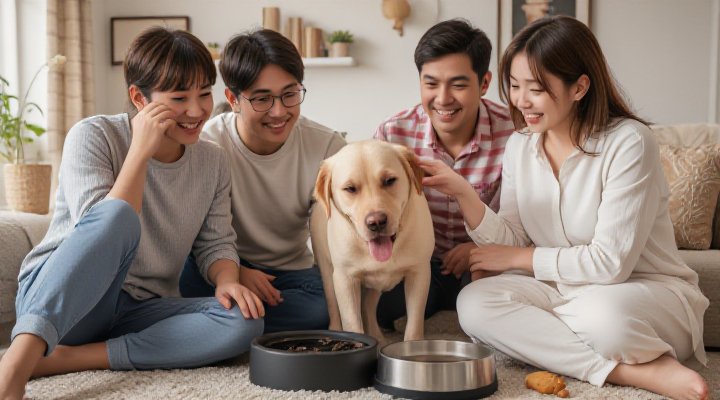Loving family setting up automatic dog feeder with their excited Labrador during training session