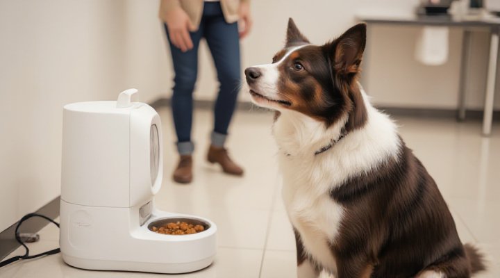 Well-trained border collie responding to commands while automatic feeder dispenses reward