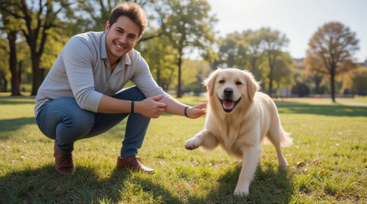 Overweight dog playing with owner in park, showing need for weight management