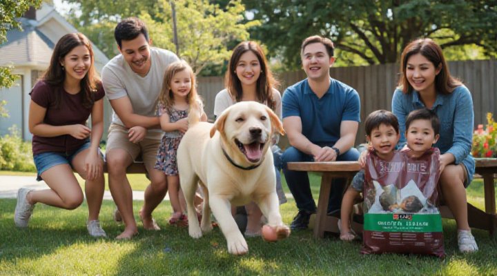 A happy family playing with their dog that thrives on Purina HA Dog Food for improved skills and health