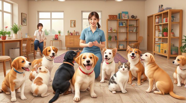 Multiple dogs and cats interacting positively in a supervised group obedience class for socialization