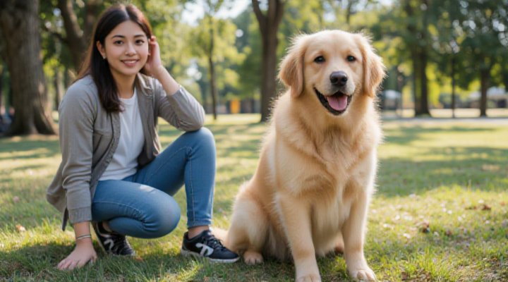 A happy dog executing a complex obedience command with its attentive owner in a sunny park