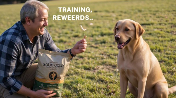 A caring owner using Solid Gold Dog Food as a training reward during an obedience session with a focused Labrador retriever