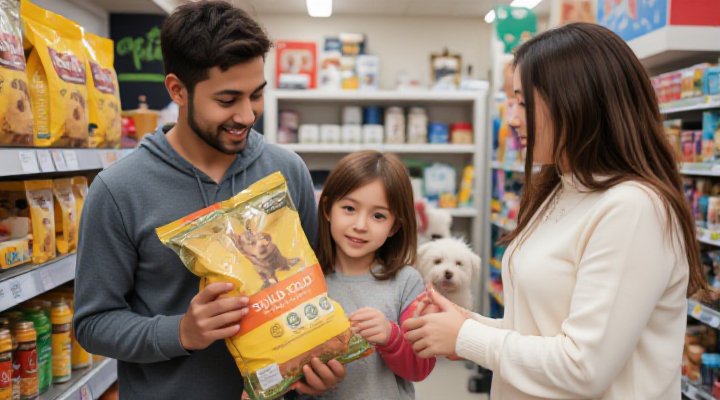 A loving family selecting Solid Gold dog food from a shelf, demonstrating informed pet food choices for skill building