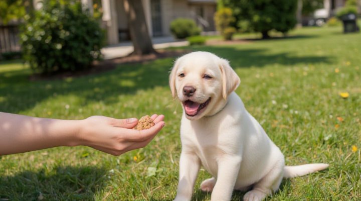 A playful Labrador puppy learning basic commands with Iams Puppy Food treats