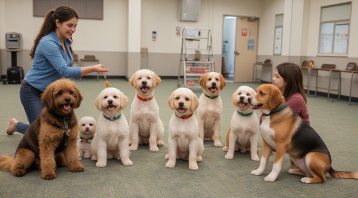 Multiple breeds of dogs engaged in a group advanced obedience class, receiving treats and praise from an enthusiastic instructor