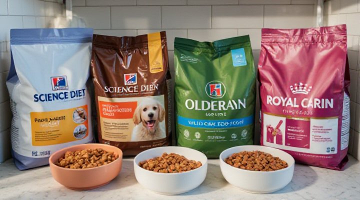 Assortment of premium weight management dog food brands in bags and bowls