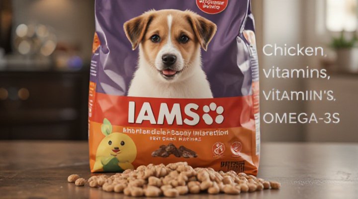 Detailed view of an Iams Puppy Food bag showing key nutritional ingredients