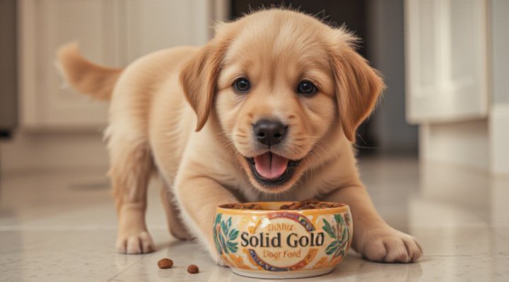 A cute golden retriever puppy eagerly eating Solid Gold Dog Food from a colorful ceramic bowl, showcasing the importance of nutrition in training