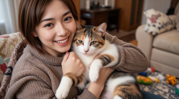 Joyful moment after successful positive reinforcement training with a cat