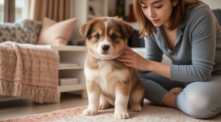 A dedicated trainer working one-on-one with a playful puppy in a cozy home setting during private obedience training
