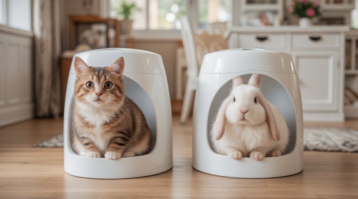 Small pets like cats and rabbits anticipating feeding time with automatic devices