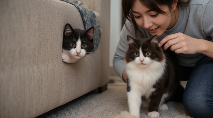 Patient owner working with a hesitant cat during training sessions
