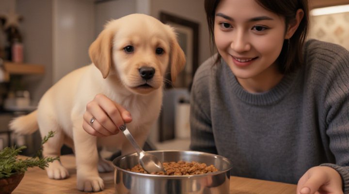 Caring pet owner using a scoop to measure food portions for a Golden Retriever puppy