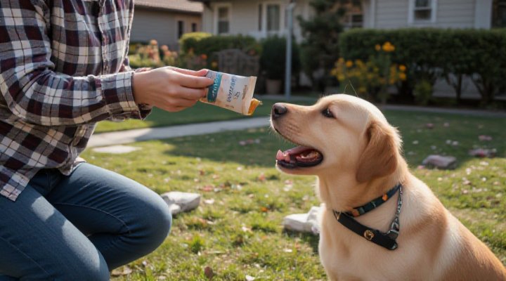 Dog learning new skills using low fat dog food as rewards