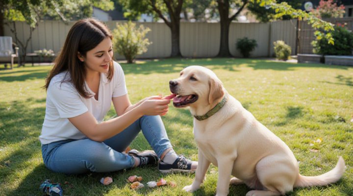 A pet owner reinforcing obedience training with their dog in a backyard using treats and praise