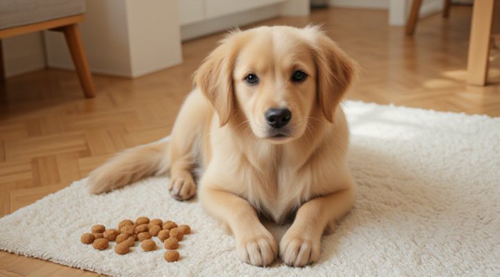 A cute golden retriever sitting patiently with a focused expression, ready for training with healthy dog food rewards