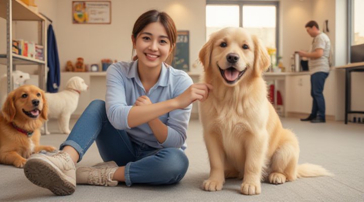 A joyful dog and owner practicing commands in a group pet obedience class