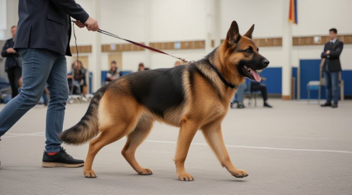 A disciplined German Shepherd and its dedicated handler practicing heelwork in a simulated competition setting